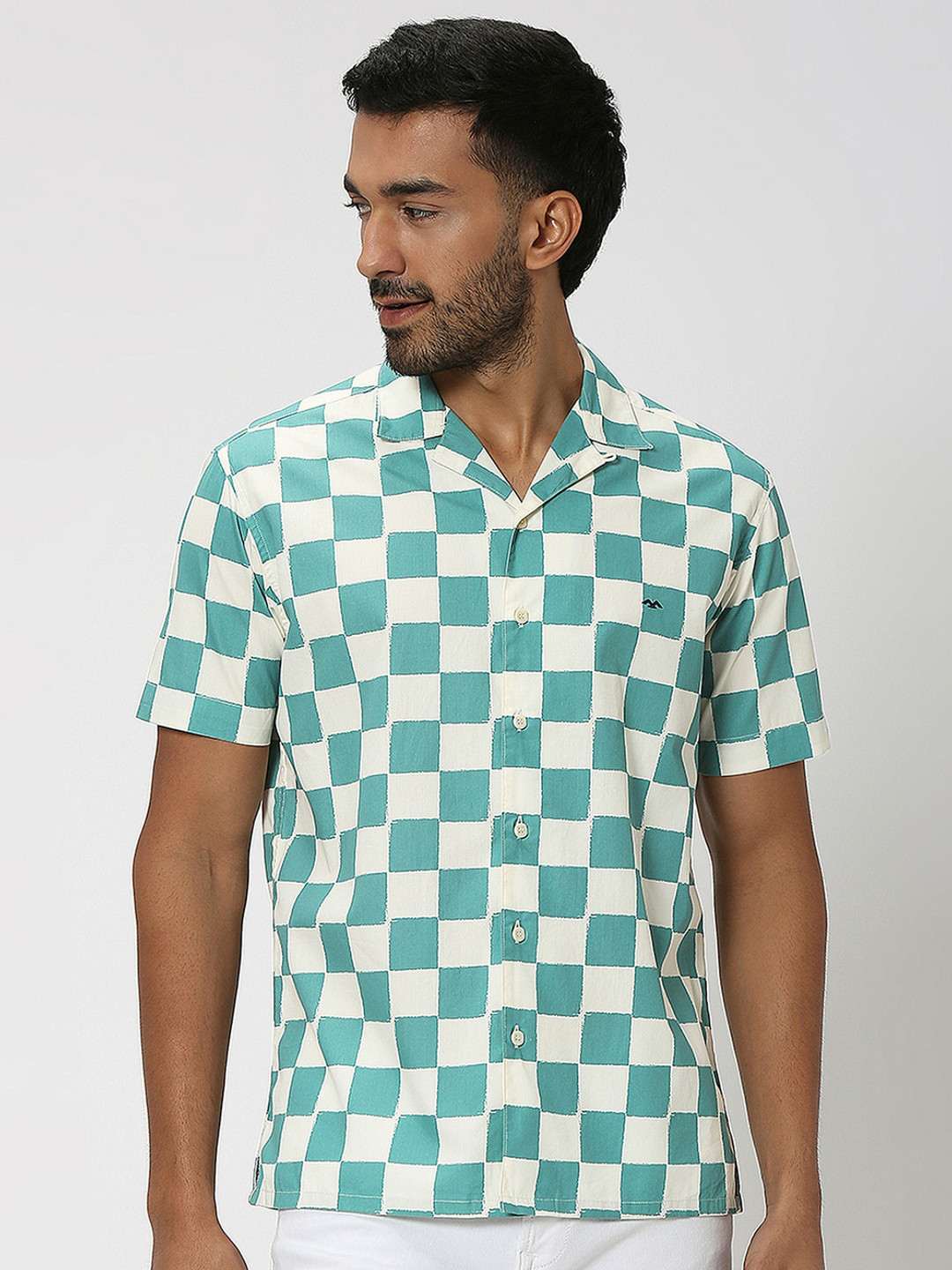 Mufti Checked Cuban Collar Slim Fit Opaque Cotton Casual Shirt