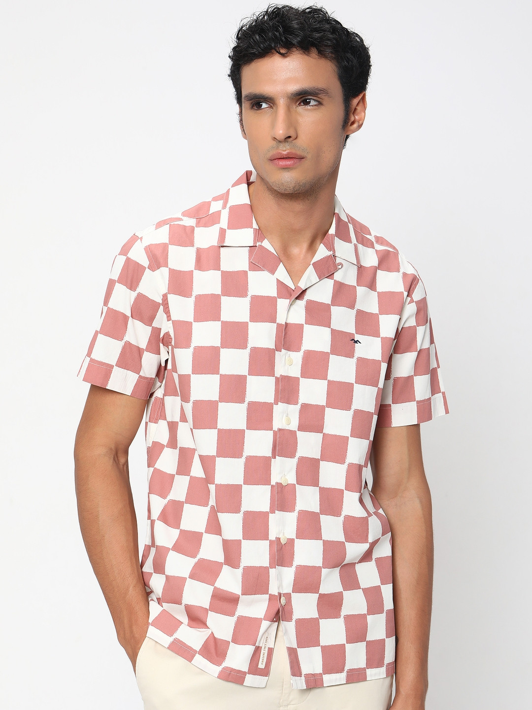 Mufti Checked Cuban Collar Slim Fit Opaque Cotton Casual Shirt