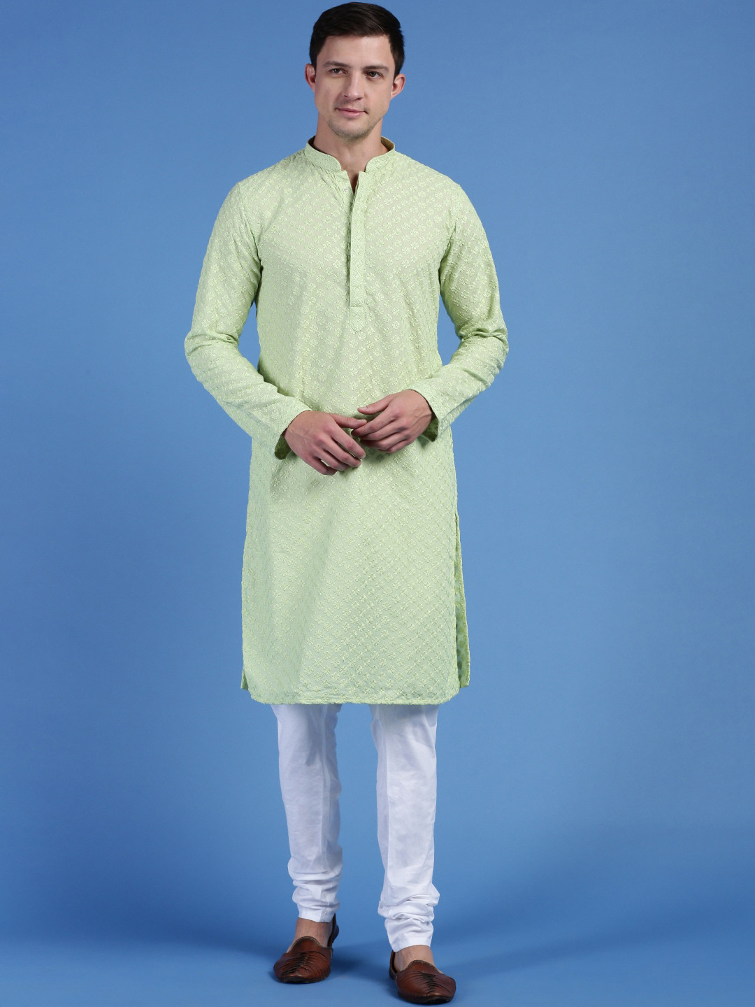 Here&Now X Sanwara  Ethnic Motifs Embroidered Chikankari Pure Cotton Kurta And Churidar