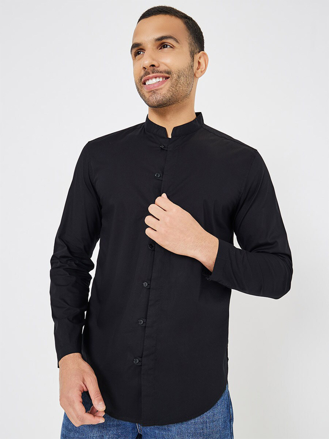 Styli Black Mandarin Collar Long Sleeves Casual Shirt
