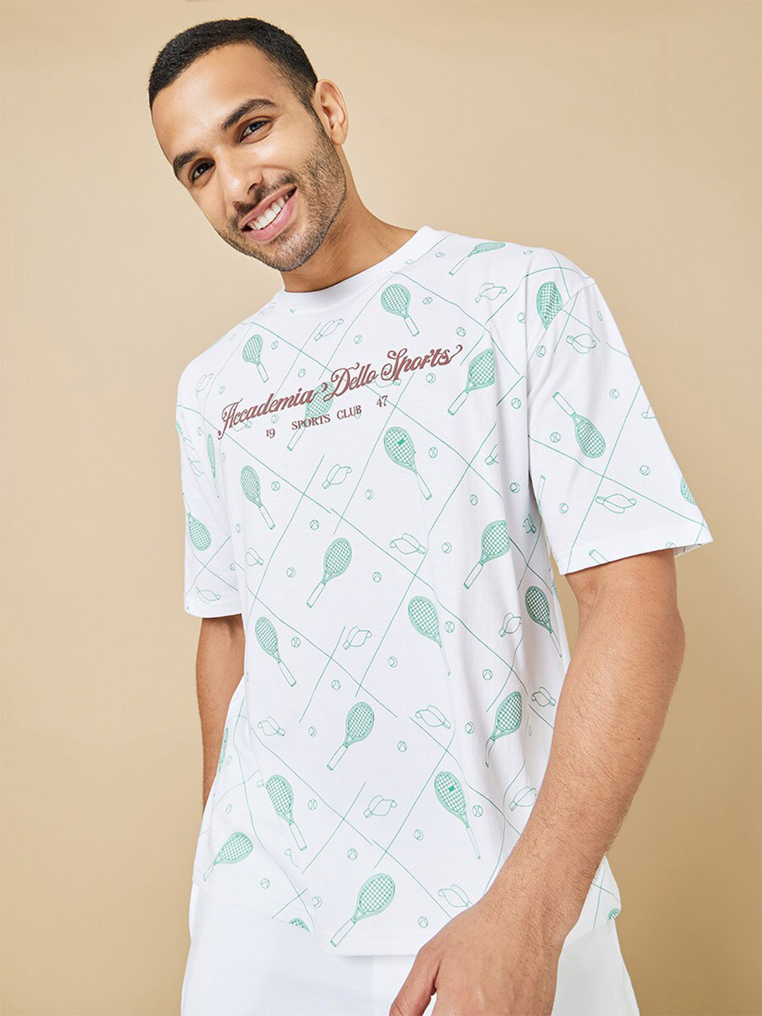 Styli White All Over Print Compact Jersey Oversized T-Shirt