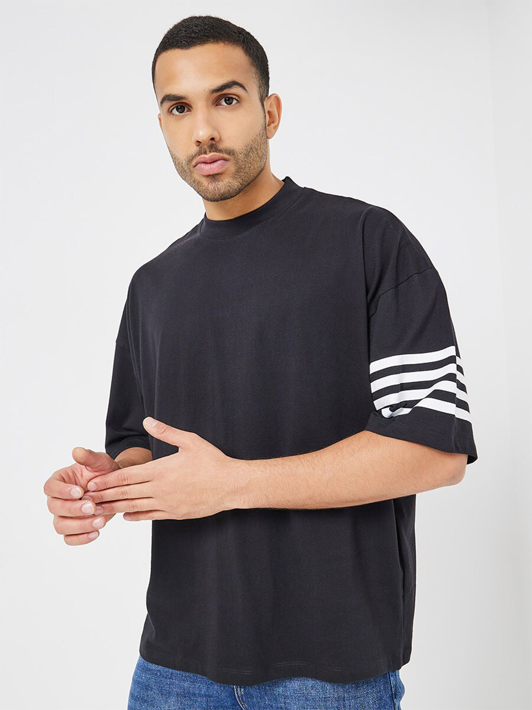Styli Black High Neck Drop-Shoulder Pure Cotton Boxy T-shirt