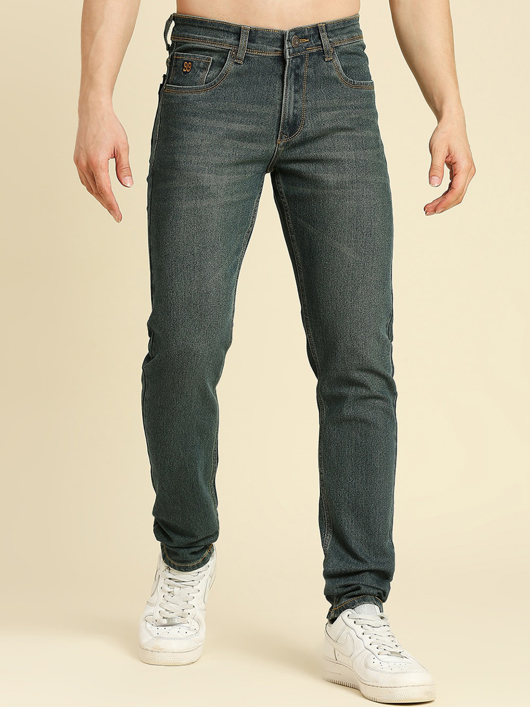 HJ HASASI Men Blue Light Fade Acid Wash Stretchable Jeans