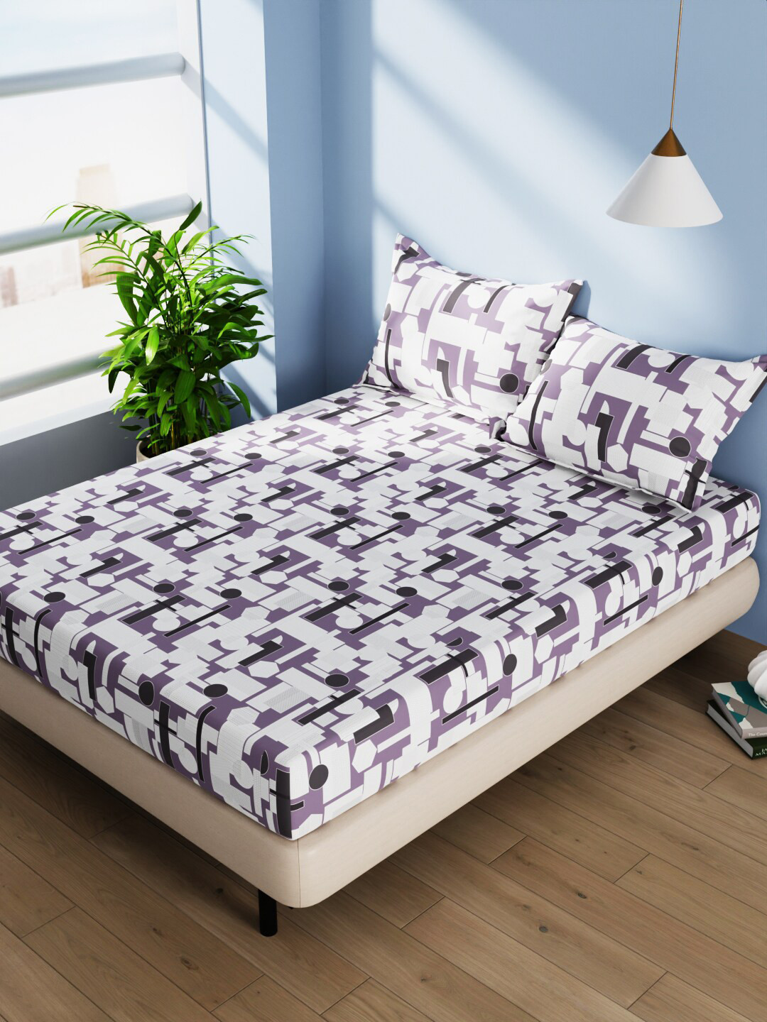BIANCA Serina Purple Abstract Pure Cotton 140 TC Queen Bedsheet with 3 Pillow Covers-59 x 87 inches