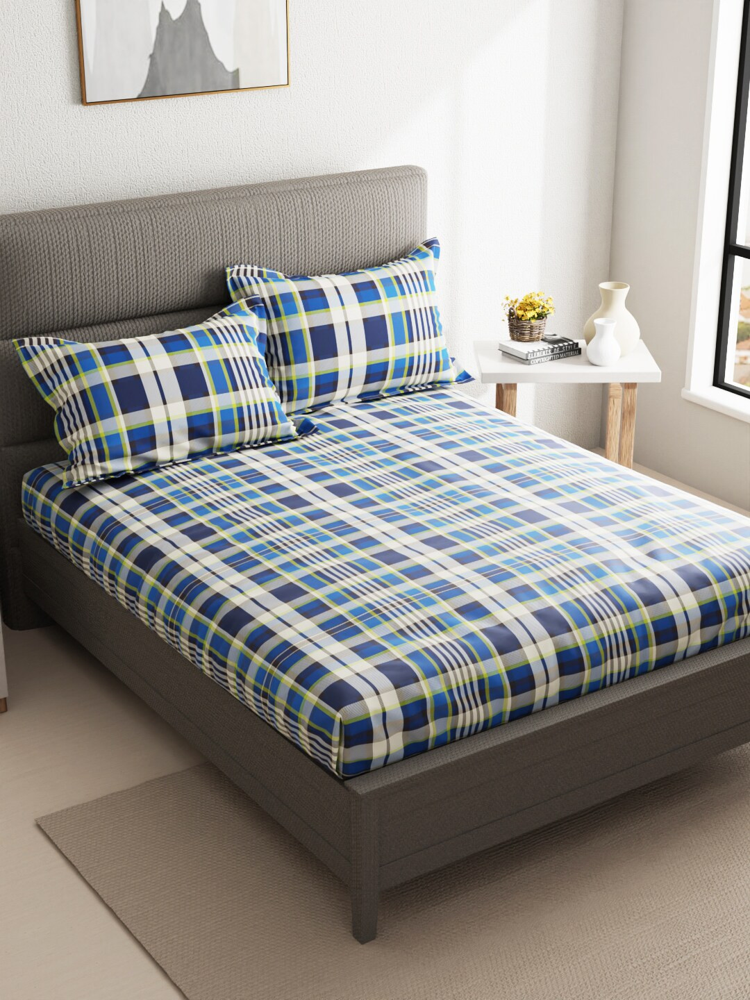 KOPA Blue & Off White Geometric Pure Cotton 110 TC Queen Bedsheet with 2 Pillow Covers