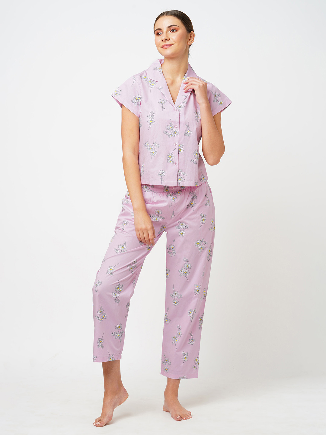 ESTERIA Lapel Collar Floral Printed Pure Cotton Night suit
