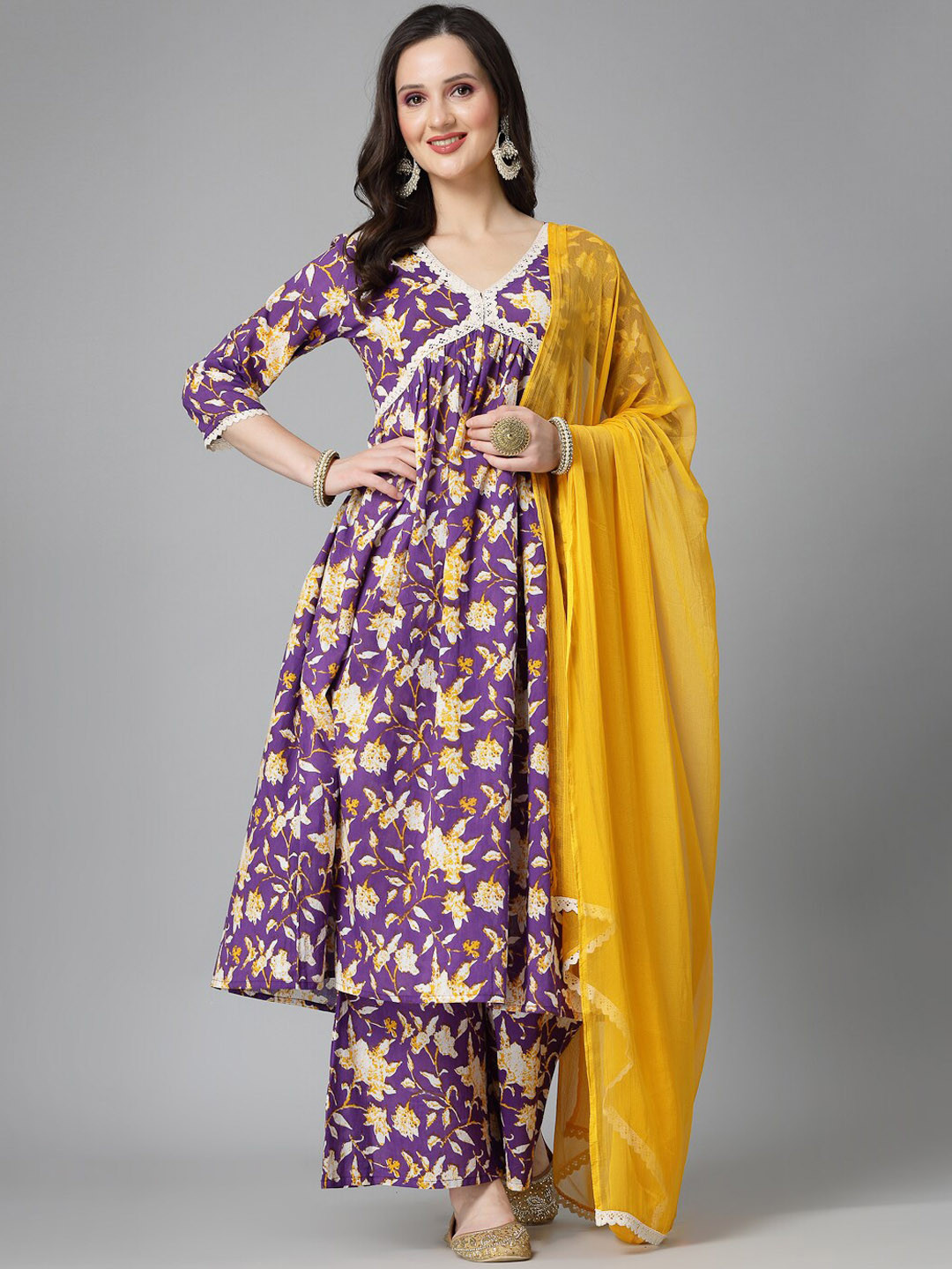 Stylum Violet & Yellow Floral Printed Empire Pure Cotton Kurta With Palazzos & Dupatta