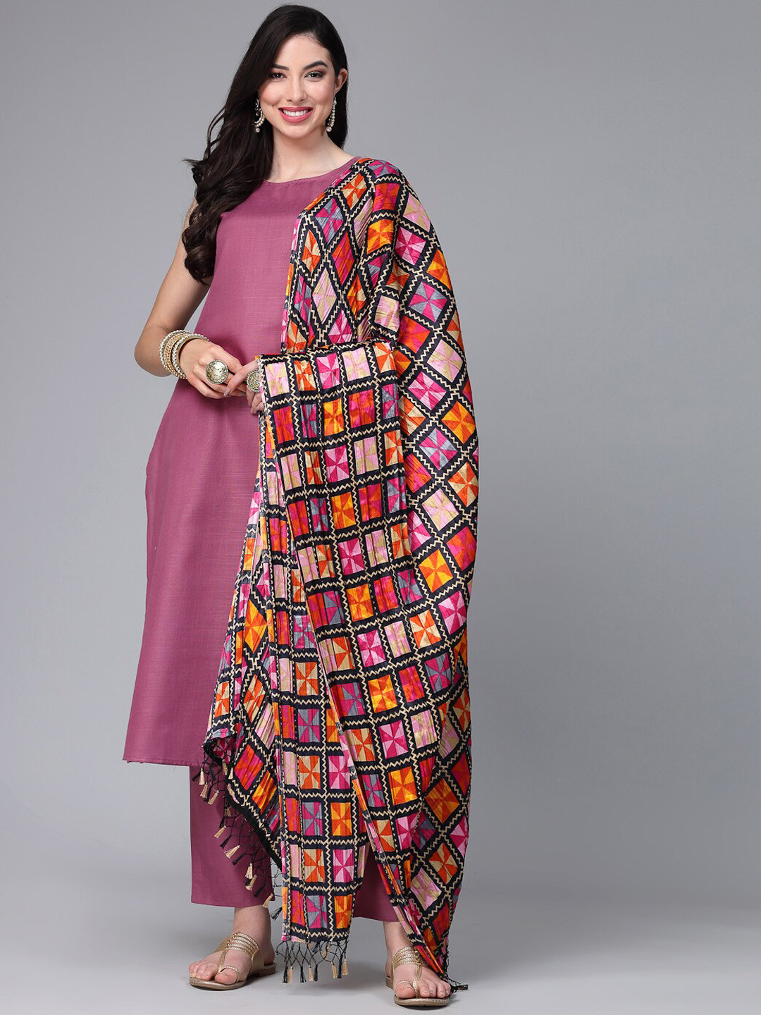 Stylum Mauve Coloured Round Neck Kurta with Trousers & Dupatta