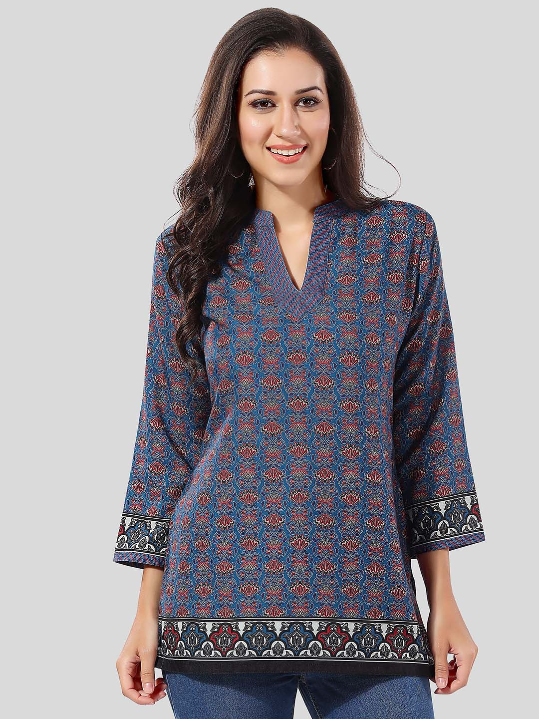 keshubaba Navy Blue & Red Mandarin Collar Printed Tunic