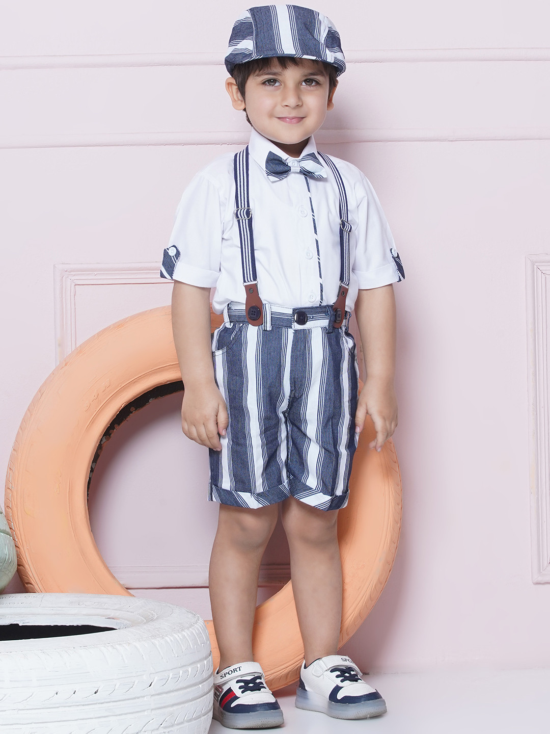 Aj DEZInES Boys Striped Shirt with Shorts & Cap Suspenders Clothing Set