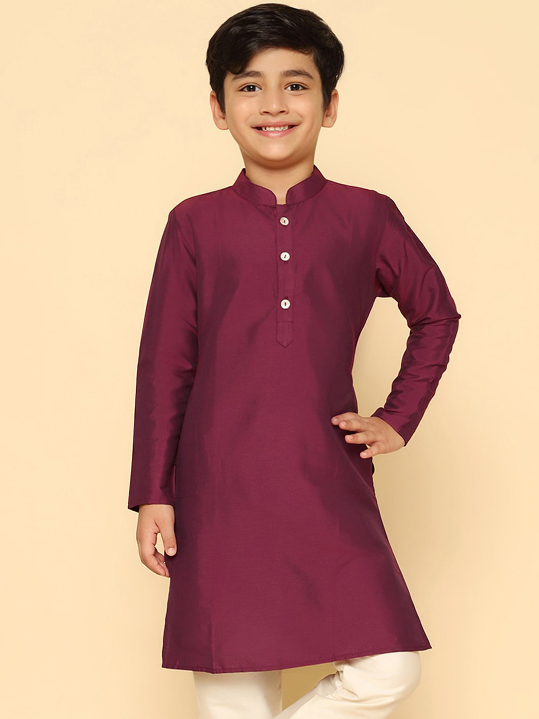 KISAH Boys Thread Work Mandarin Collar Pure Cotton Straight Kurta