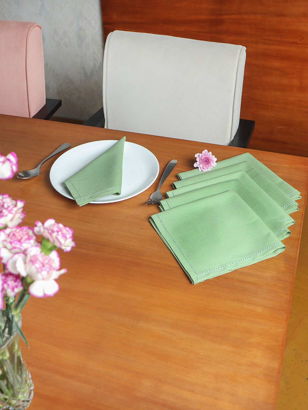 ZEBA Green 6 Pieces Cotton Embroidered Table Napkins