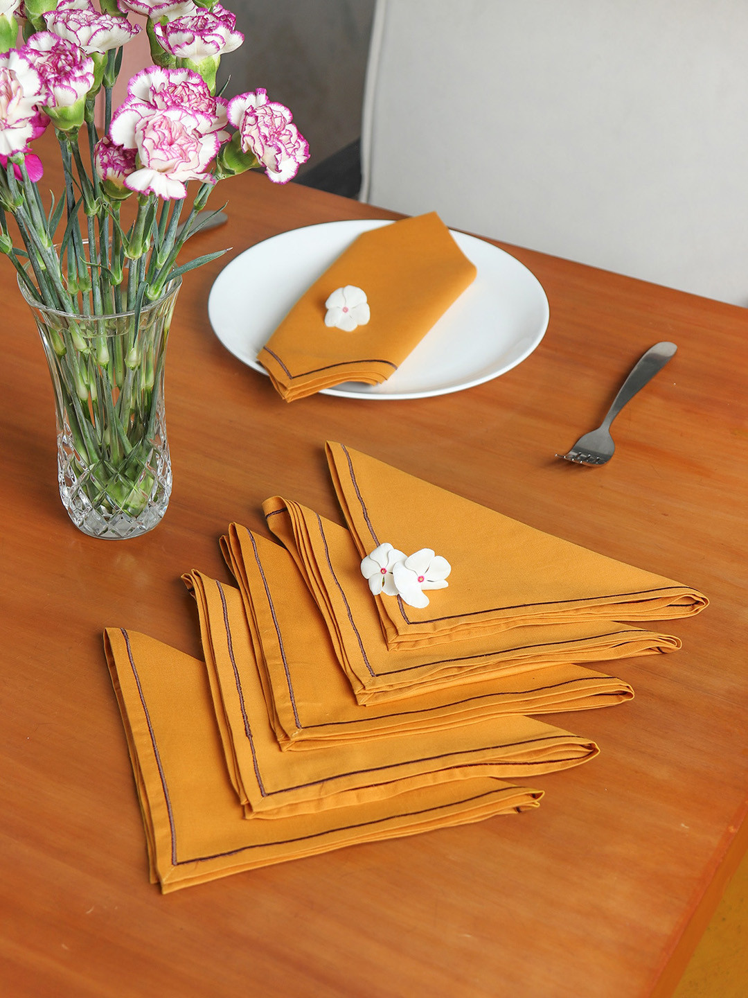 ZEBA Mustard 6 Pieces Embroidered Cotton Table Napkins