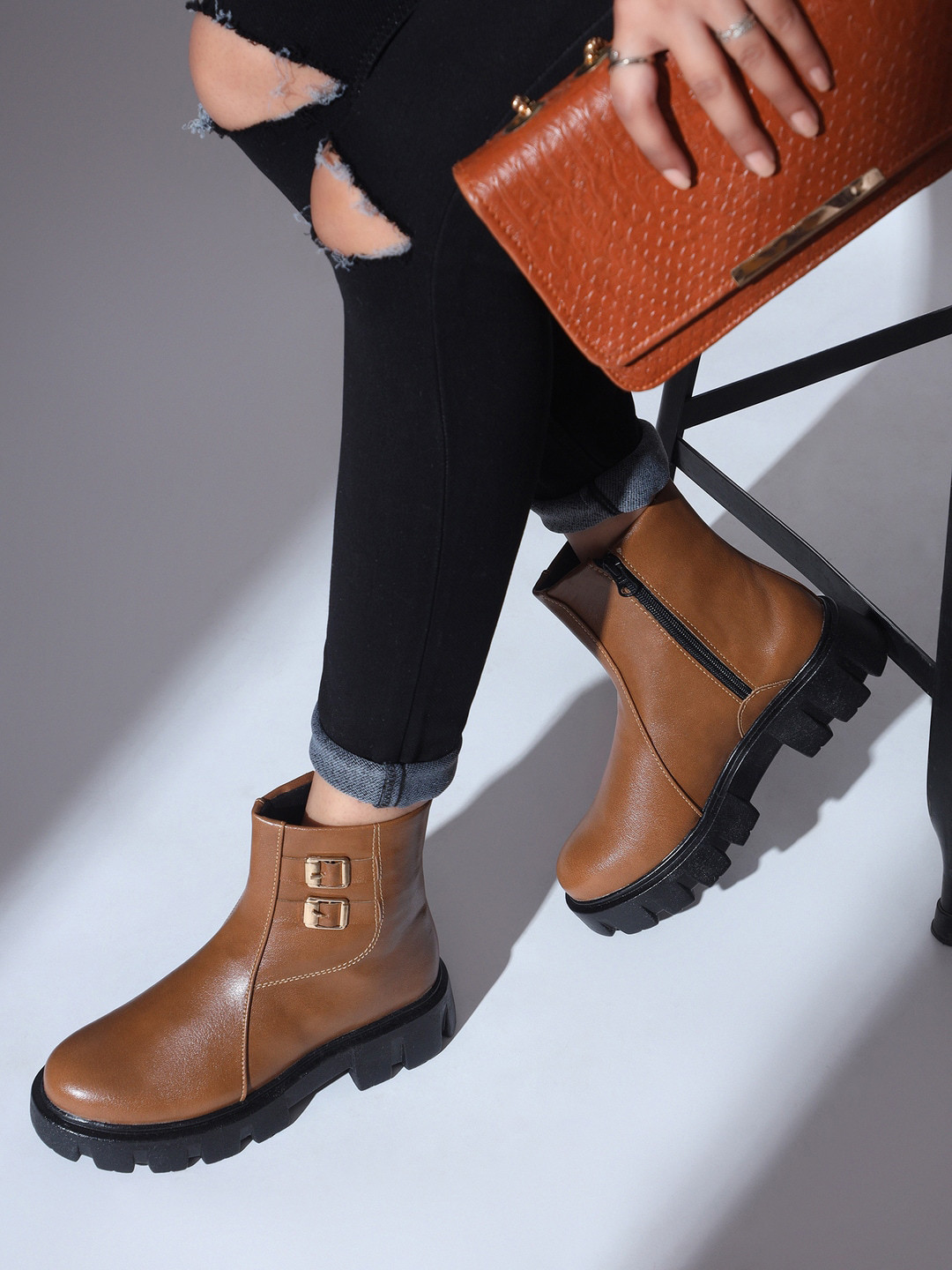 The Roadster Lifestyle Co. Women Brown Mid Top Flatform Heel Chunky Boots With Buckle