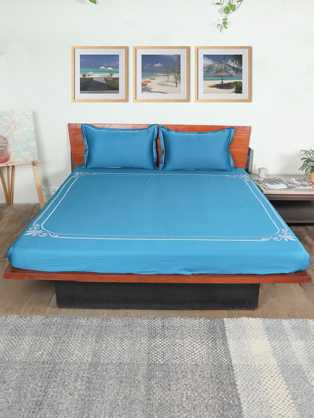 ZEBA Blue Cotton 400 TC King Superfine Bedsheet with 2 Pillow Covers-106 x 106 inches