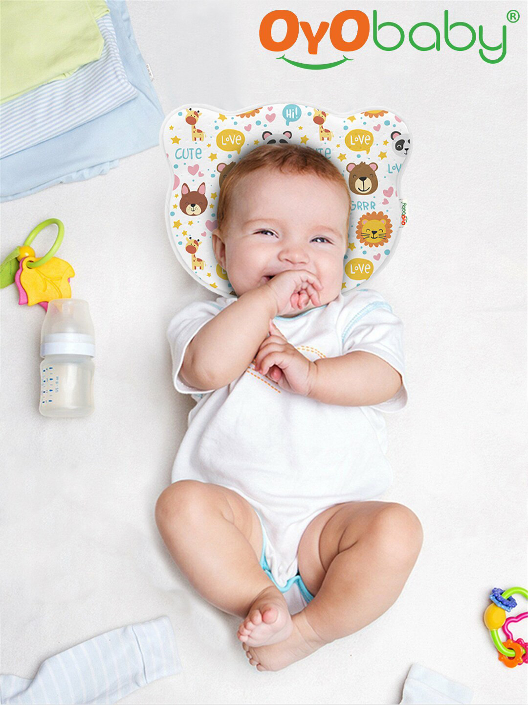 OyO Baby Infants White & Yellow Animal Print Memory Foam Head Shaping Cotton Baby Pillow