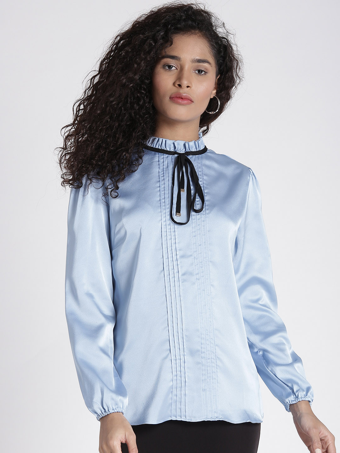 Splash Women Light Blue Solid Pleated Regular Top With Tie-Up Neck Detail