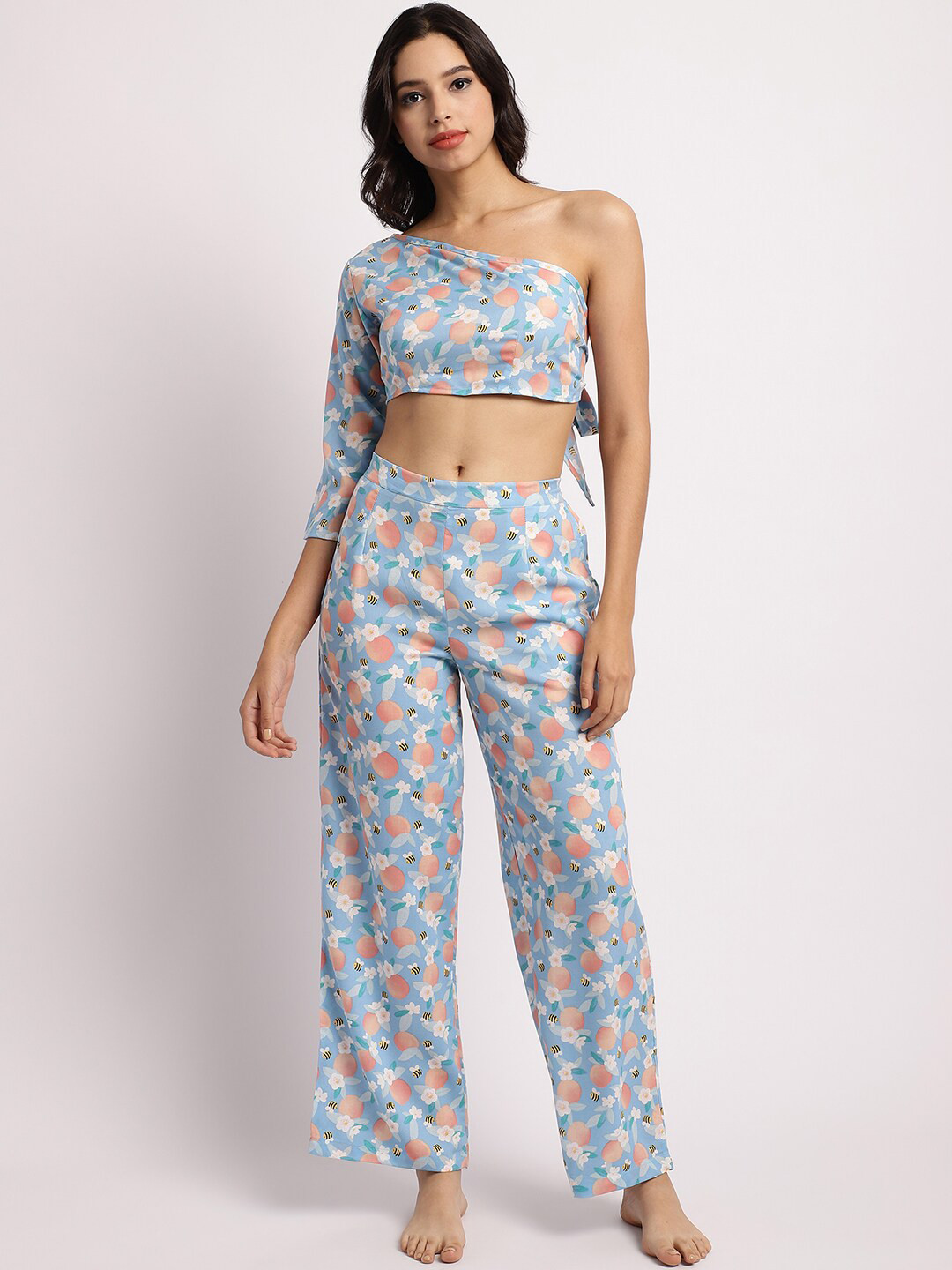 Aoba Blue Floral Printed Relaxed Fit One Shoulder Top & Pant Swimwear Cover Up Set