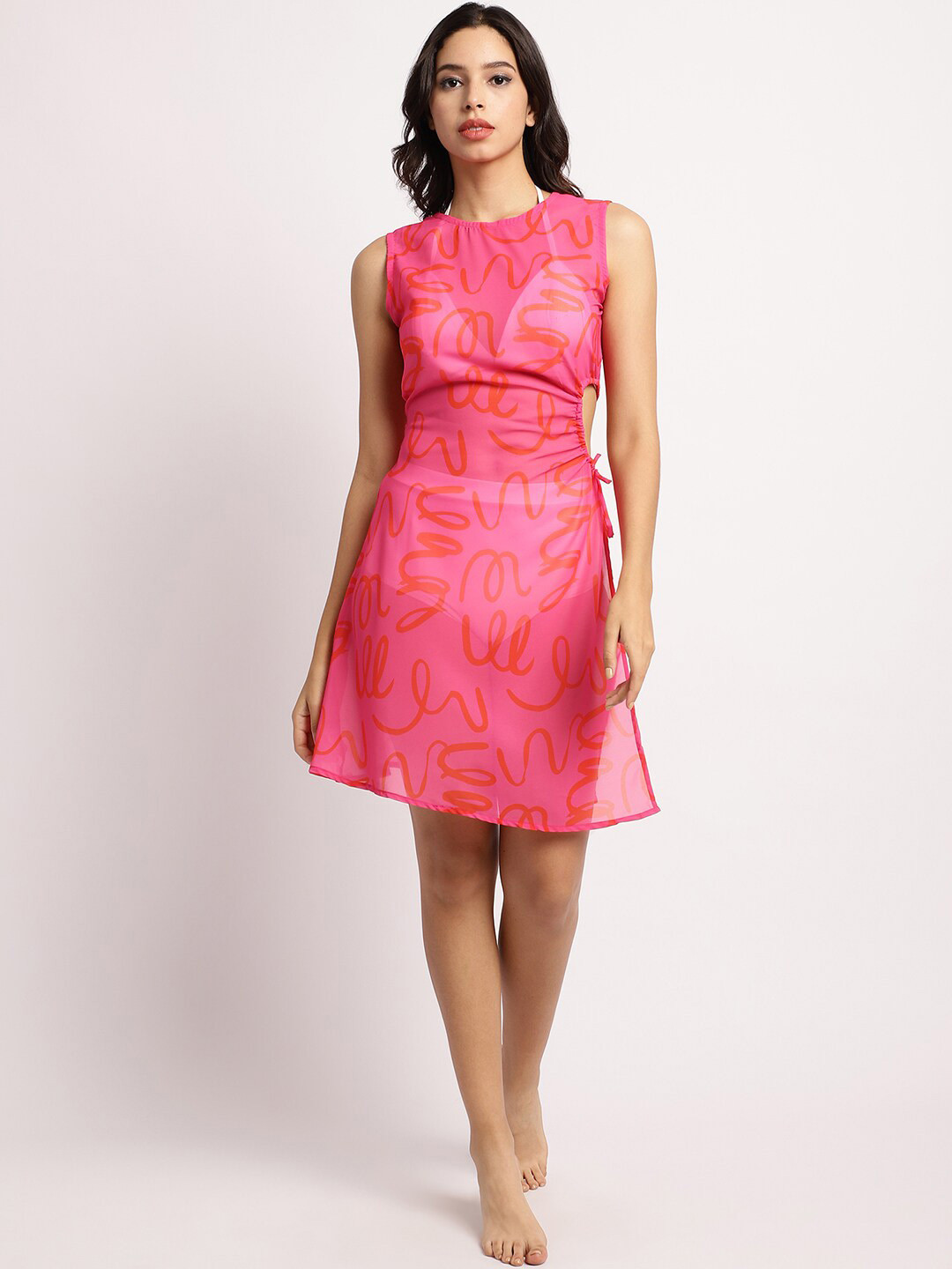 Aoba Pink Abstract Printed Relaxed Fit Semi Sheer Swimwear Cover Up Dress