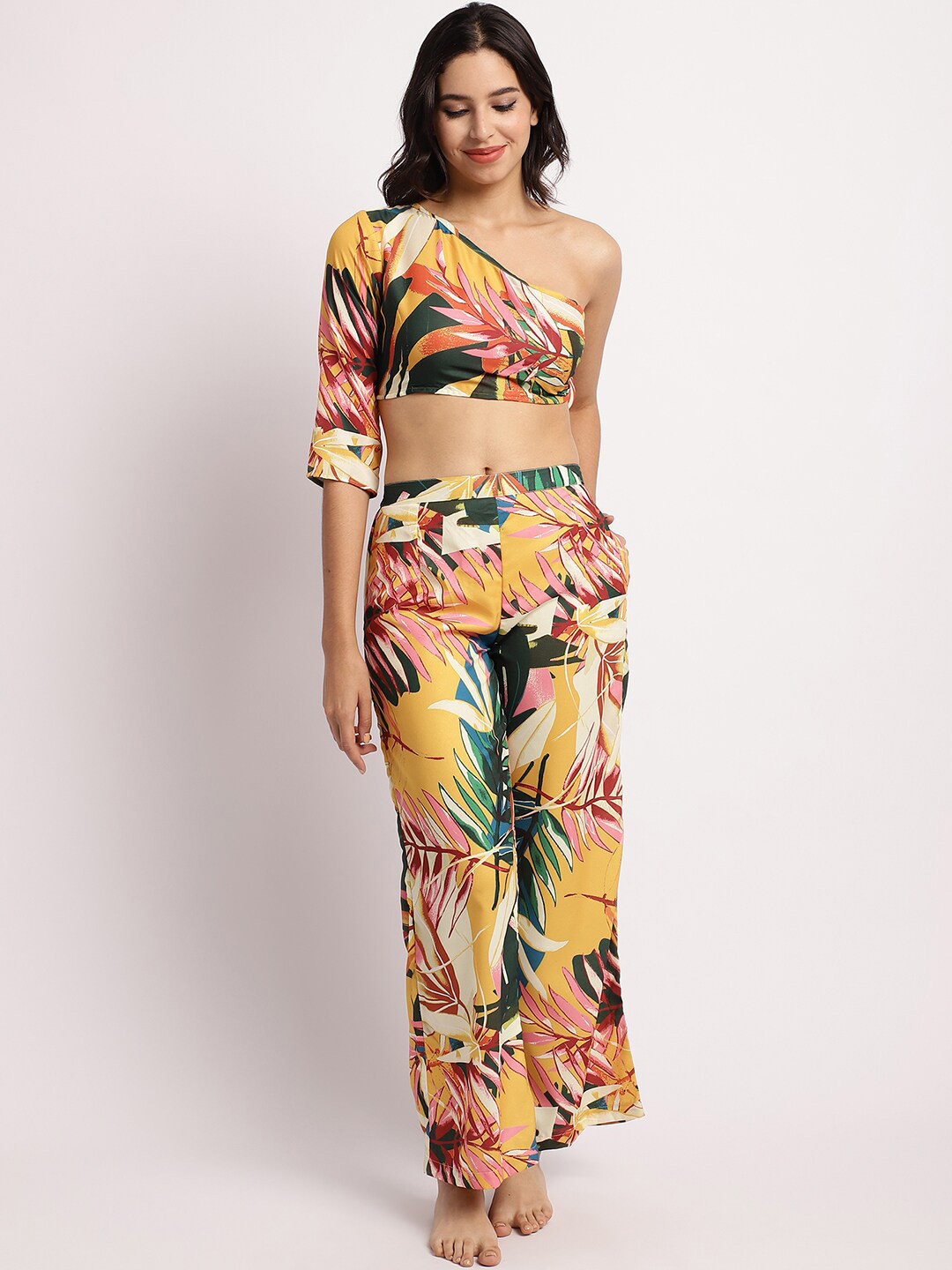 Aoba Yellow Floral Printed Relaxed Fit Crop Top & Pant Swimwear Cover Up Set