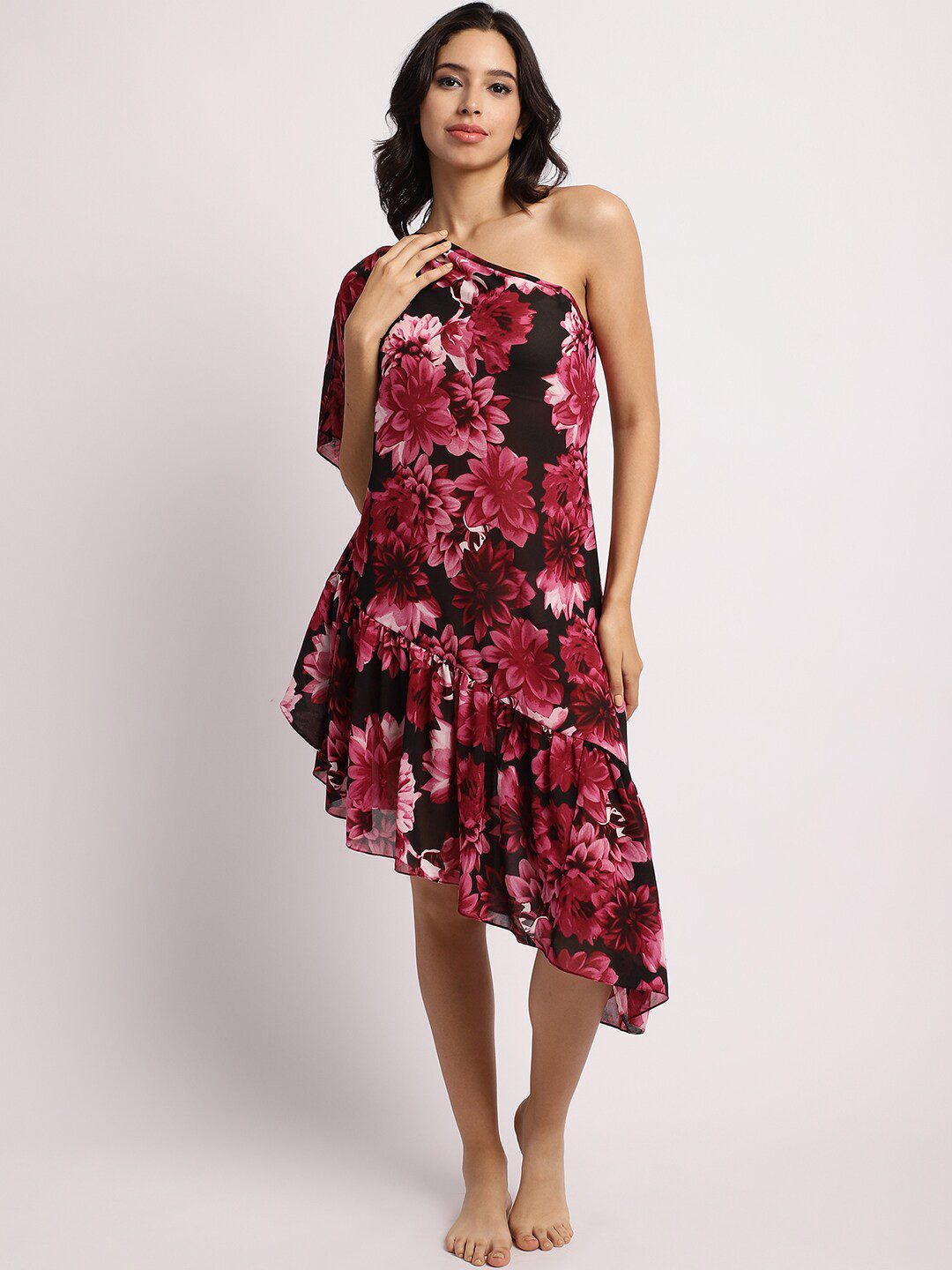 Aoba Purple Floral Printed Semi Sheer One Shoulder Swimwear Cover Up Dress
