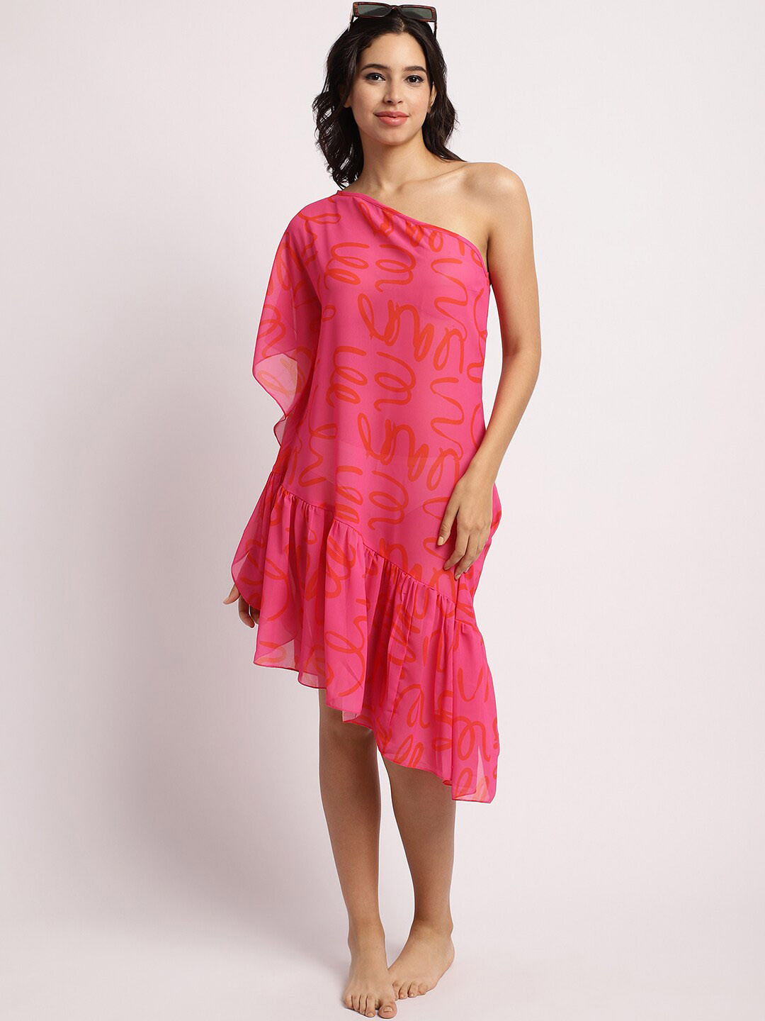 Aoba Pink Abstract Printed Relaxed Fit Semi Sheer Swimwear Cover Up Dress
