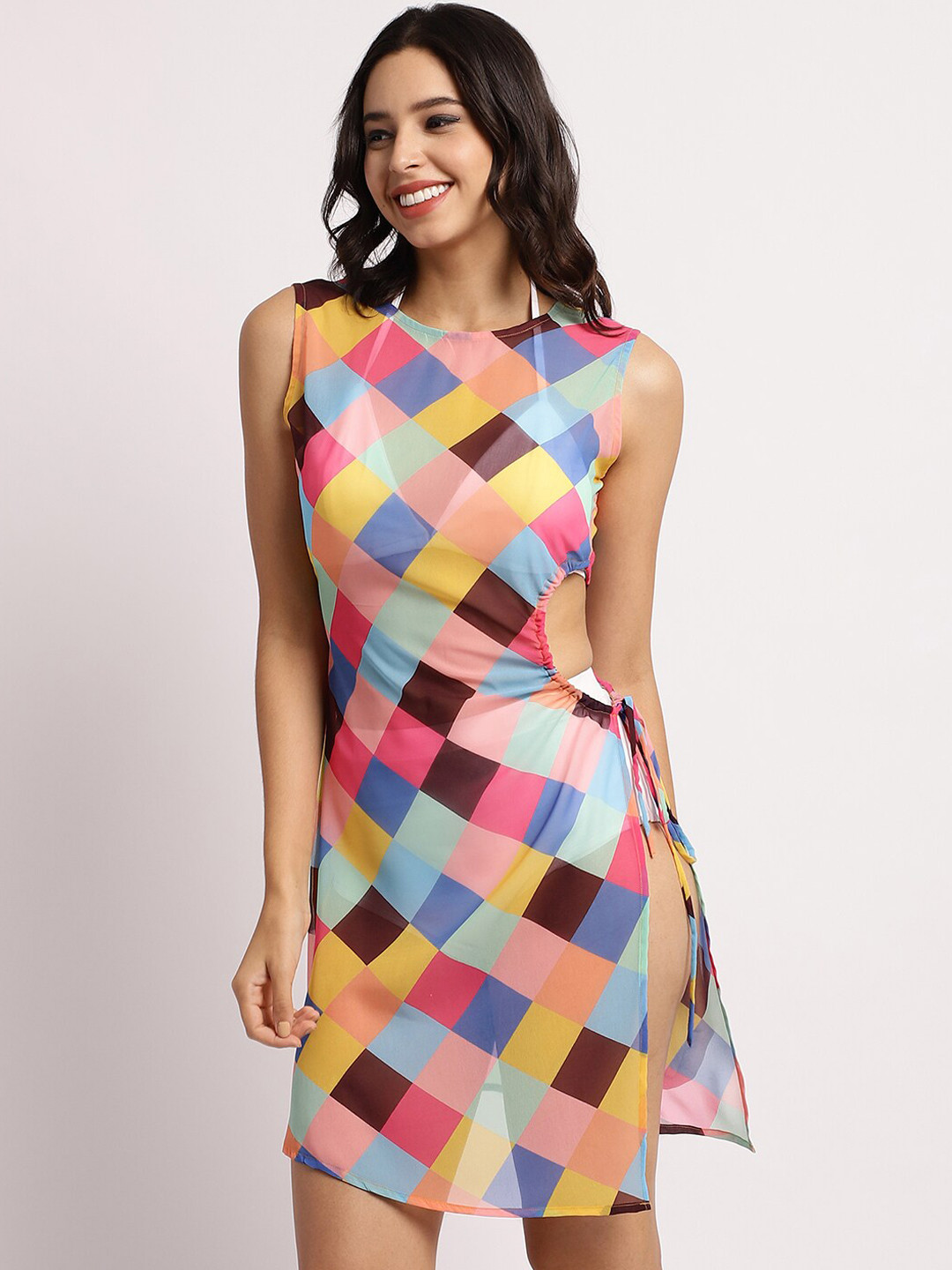 Aoba Yellow & Blue Geometric Printed Relaxed Fit Semi Sheer Swimwear Cover Up Dress