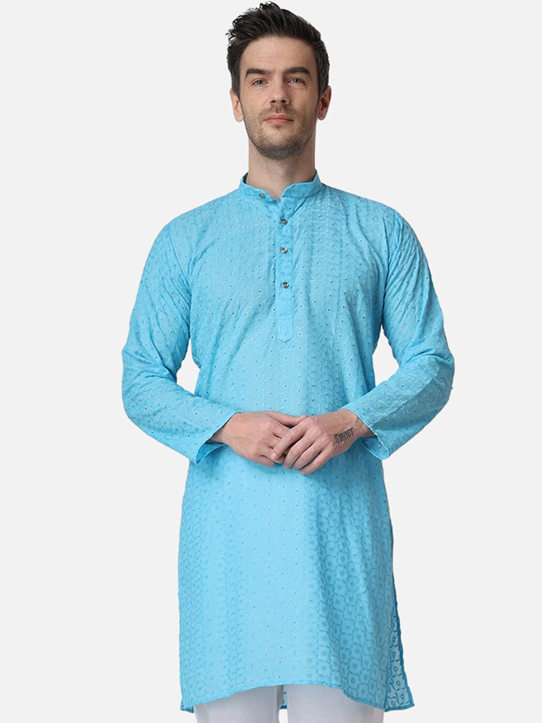 ROYAL KURTA Band Collar Ethnic Motif Embroidered Thread Work Cotton Kurta