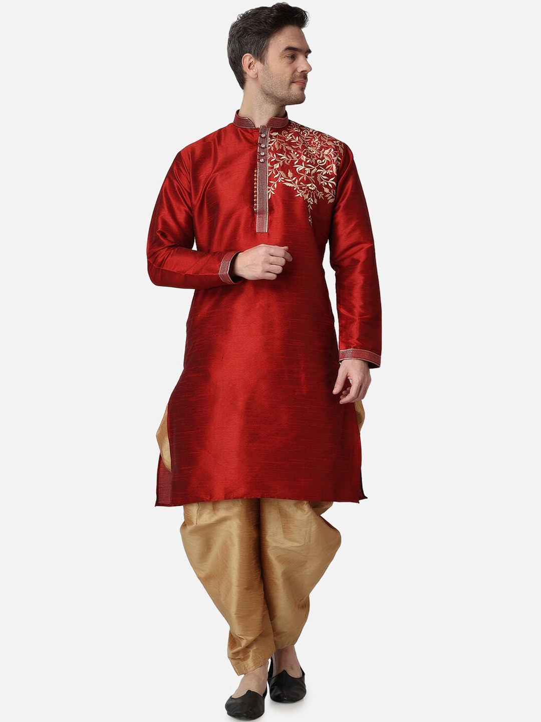 ROYAL KURTA Mandarin Collar Thread Work Detailed Dupion Silk Kurta with Patiala