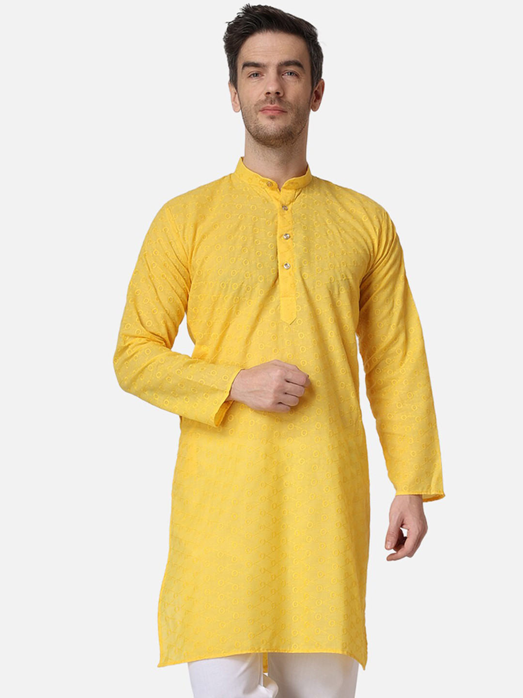 ROYAL KURTA Band Collar Ethnic Motif Embroidered Thread Work Cotton Kurta