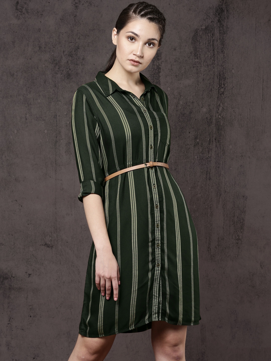 olive green striped dress