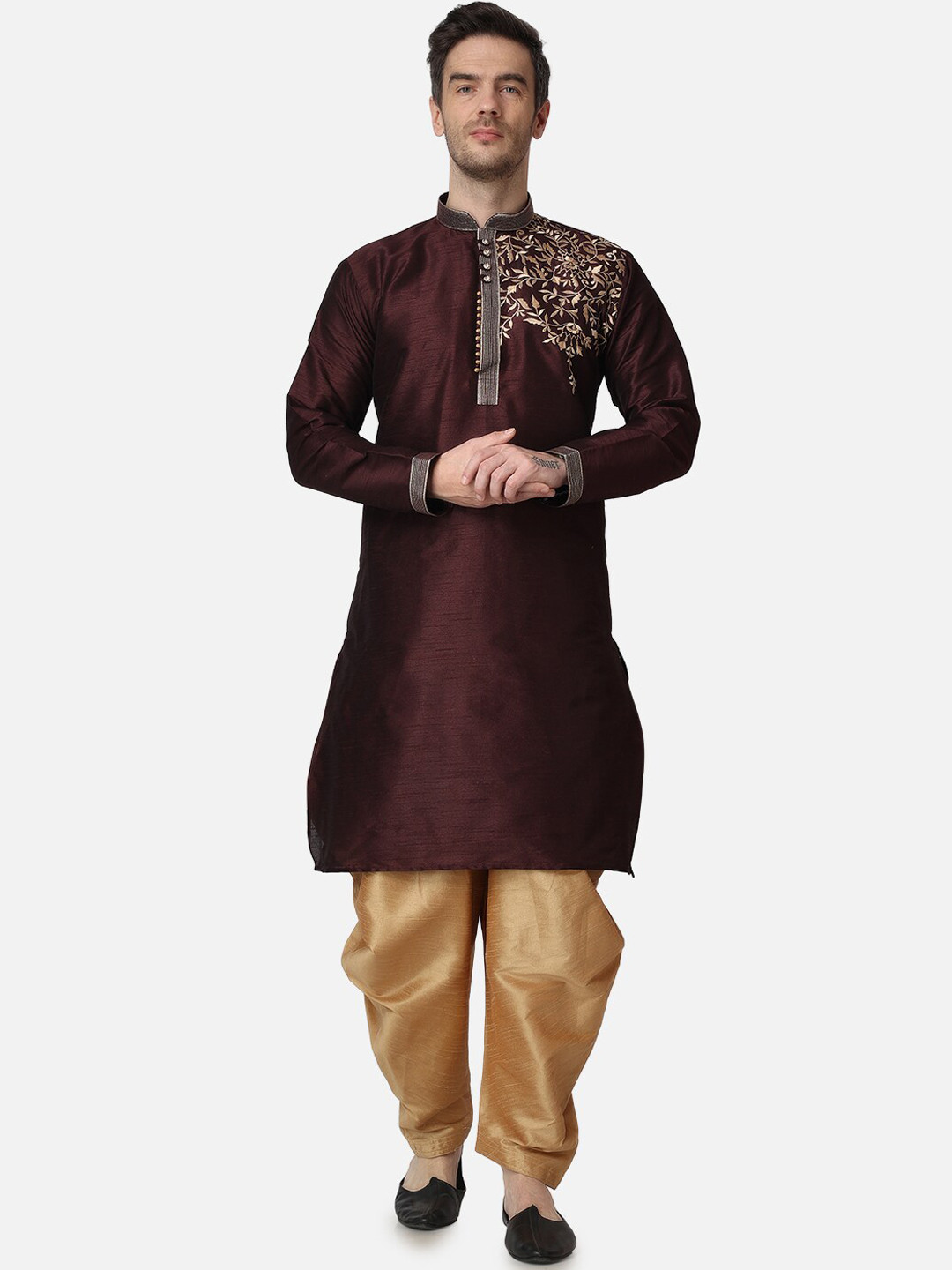ROYAL KURTA Mandarin Collar Thread Work Detailed Dupion Silk Kurta with Patiala