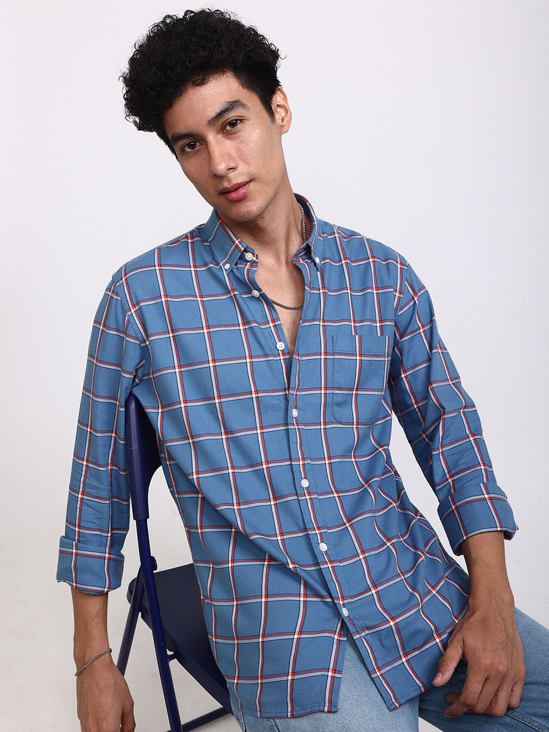 Snitch Blue Standard Slim Fit Tartan Checked Pure Cotton Casual Shirt