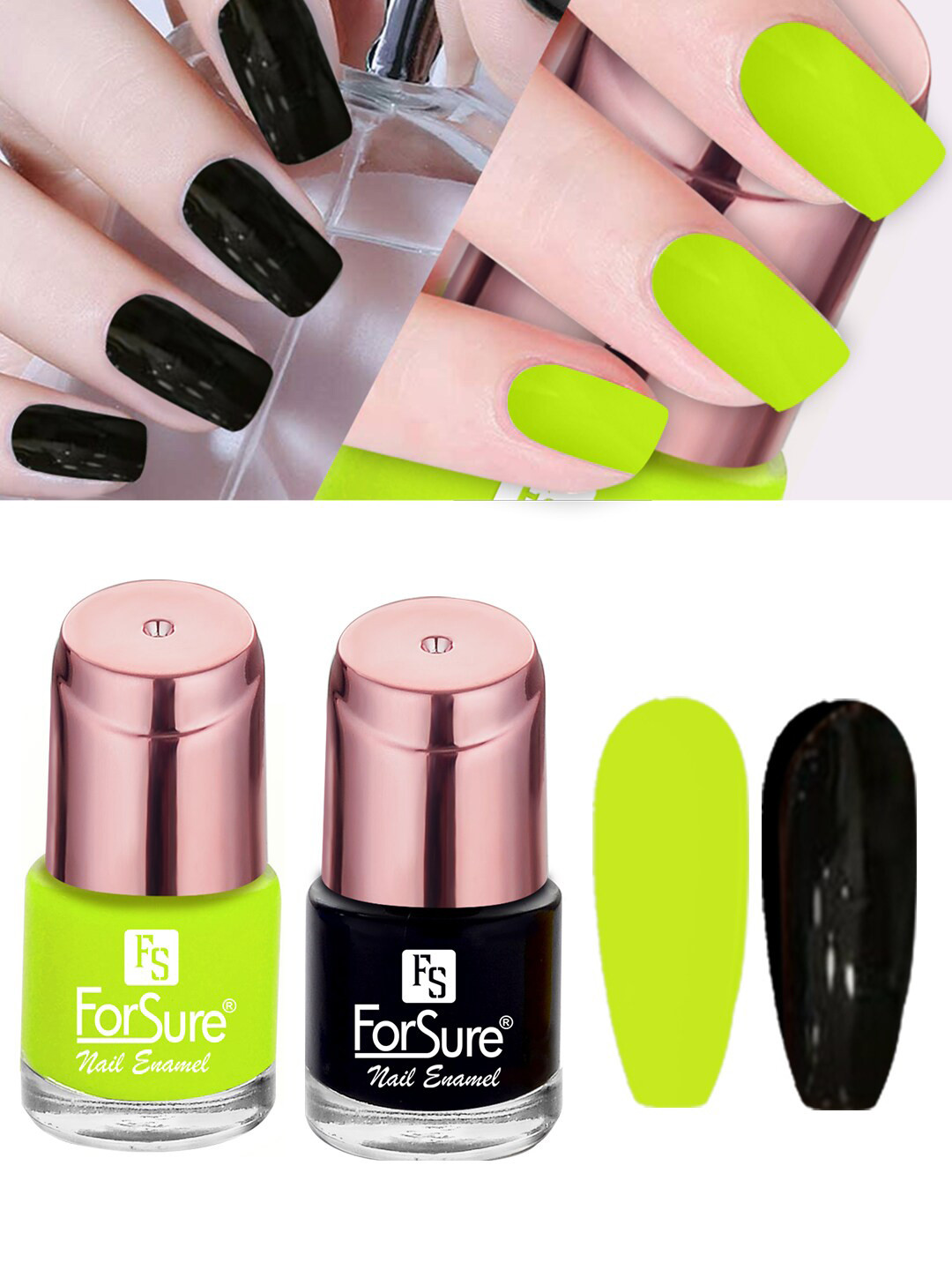 ForSure Rose Gold Set of 2 Nail Paints - 8ml Each - Neon Lime 116 - Bold Black 118