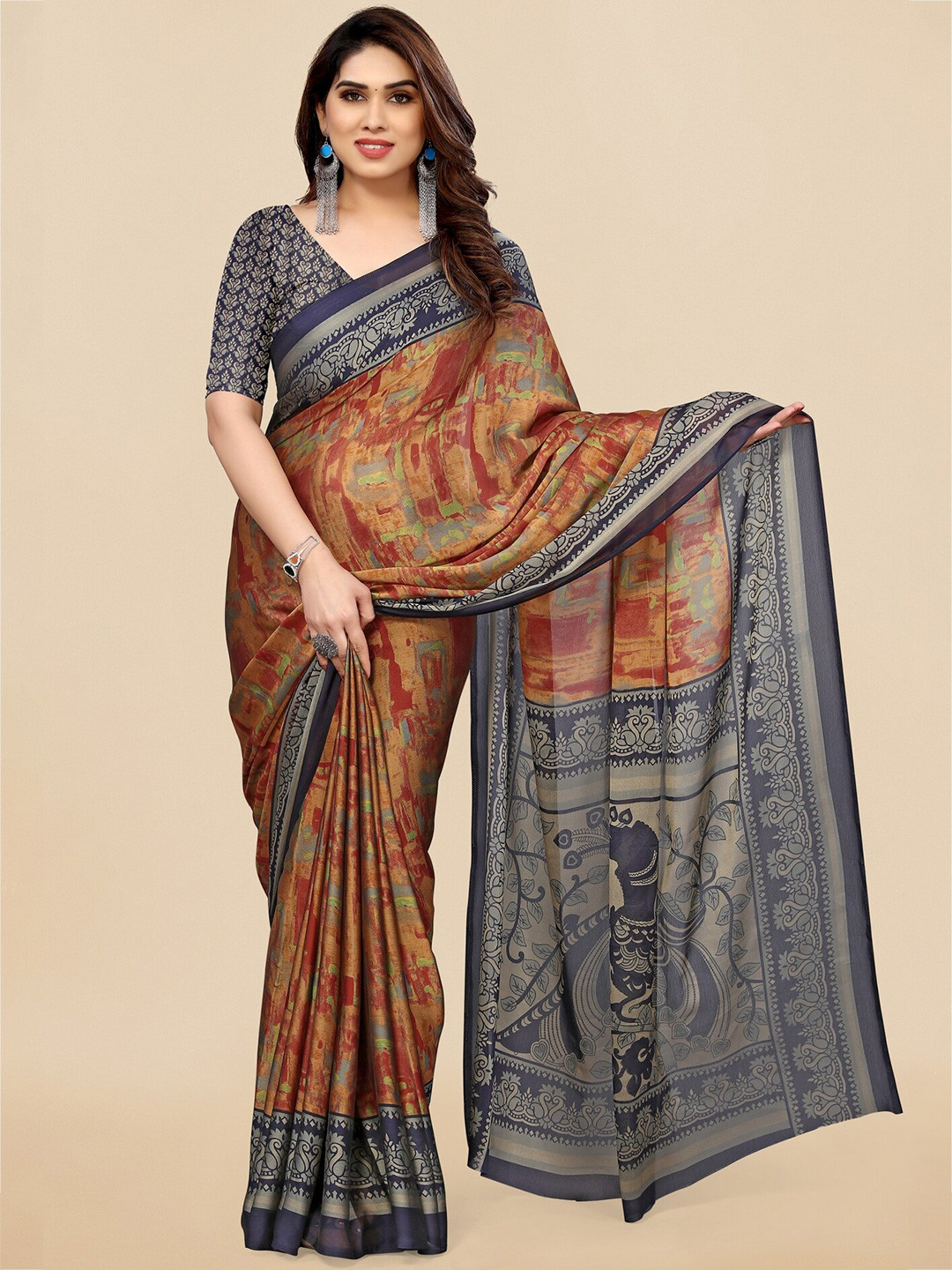 KALINI Orange & Navy Blue Abstract Printed Saree