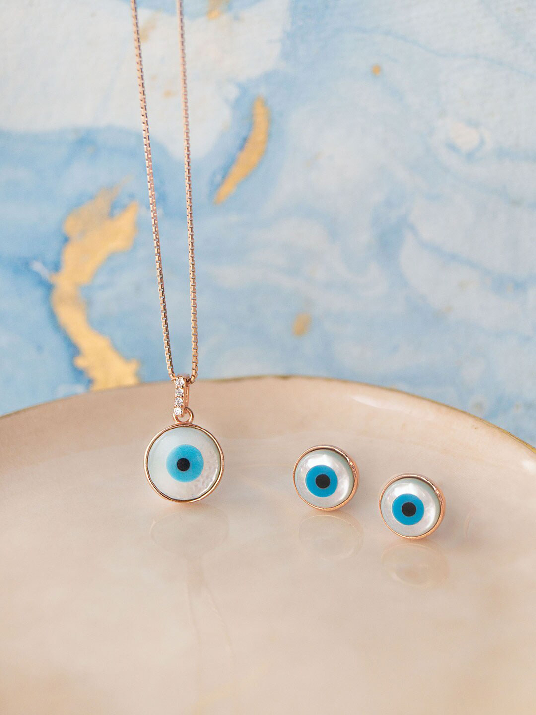 MANNASH Rose Gold-Plated Sterling Silver Cubic Zirconia Evil Eye Pendant Jewellery Set