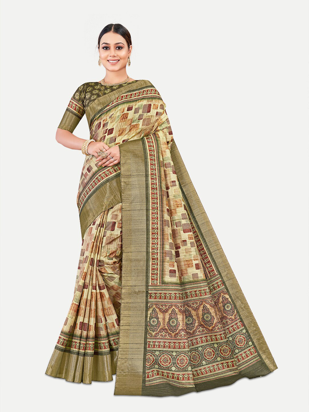 TAVAS Geometric Printed Zari Kota Saree