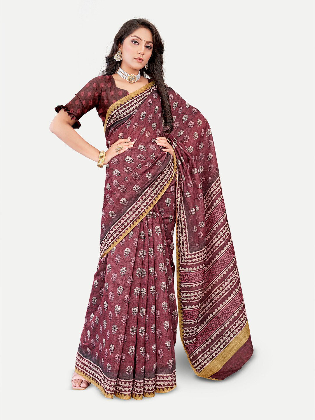 TAVAS Floral Printed Silk Blend Chanderi Saree