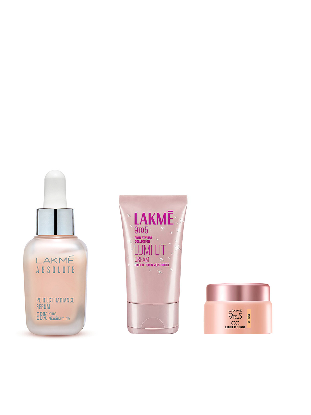 Lakme No-Makeup Makeup Must Haves - Perfect Radiance Serum+ 9To5 CC Mousse+ Lumi Lit Cream