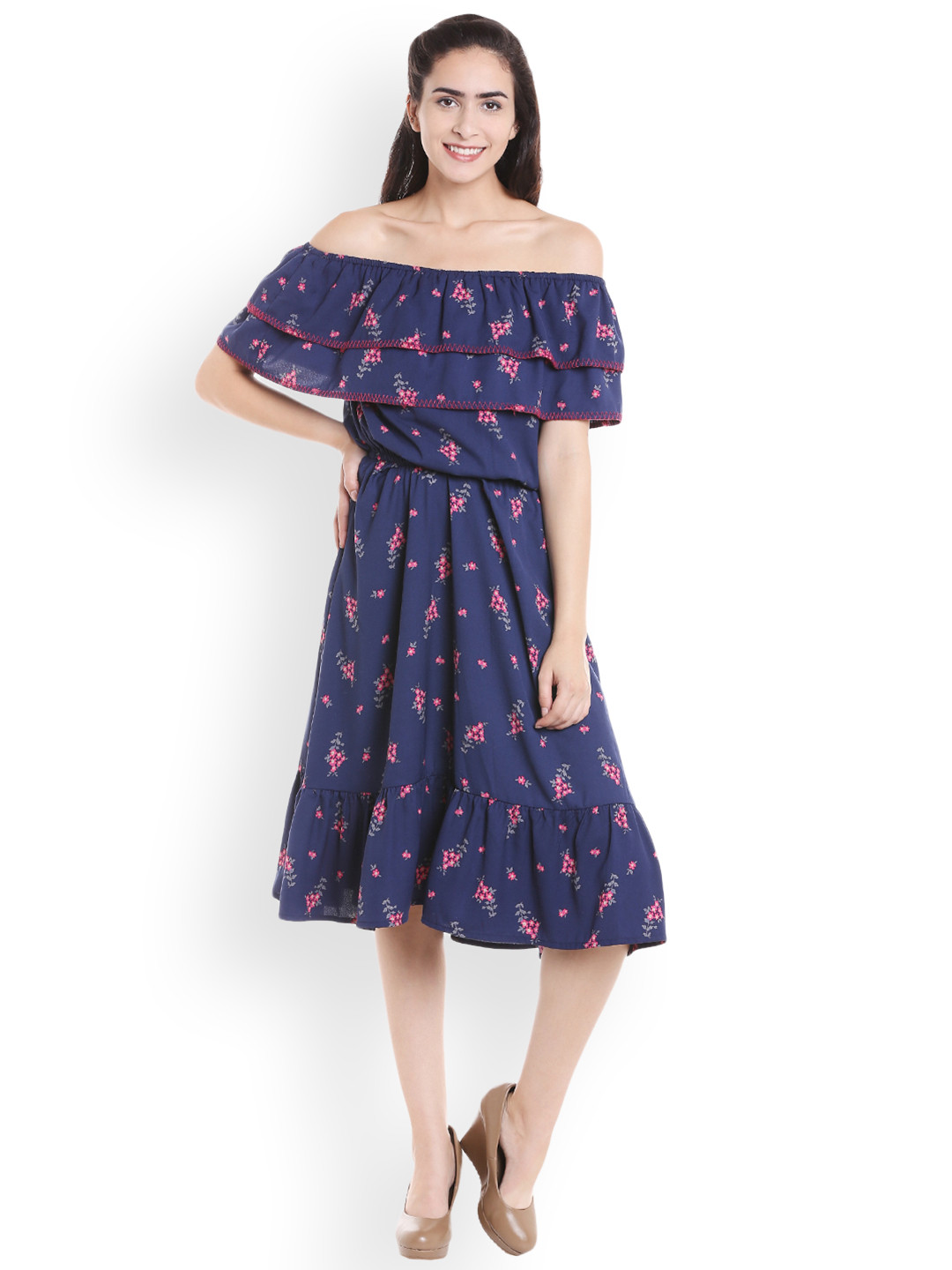 Fusion Beats Women Blue Printed A-Line Dress