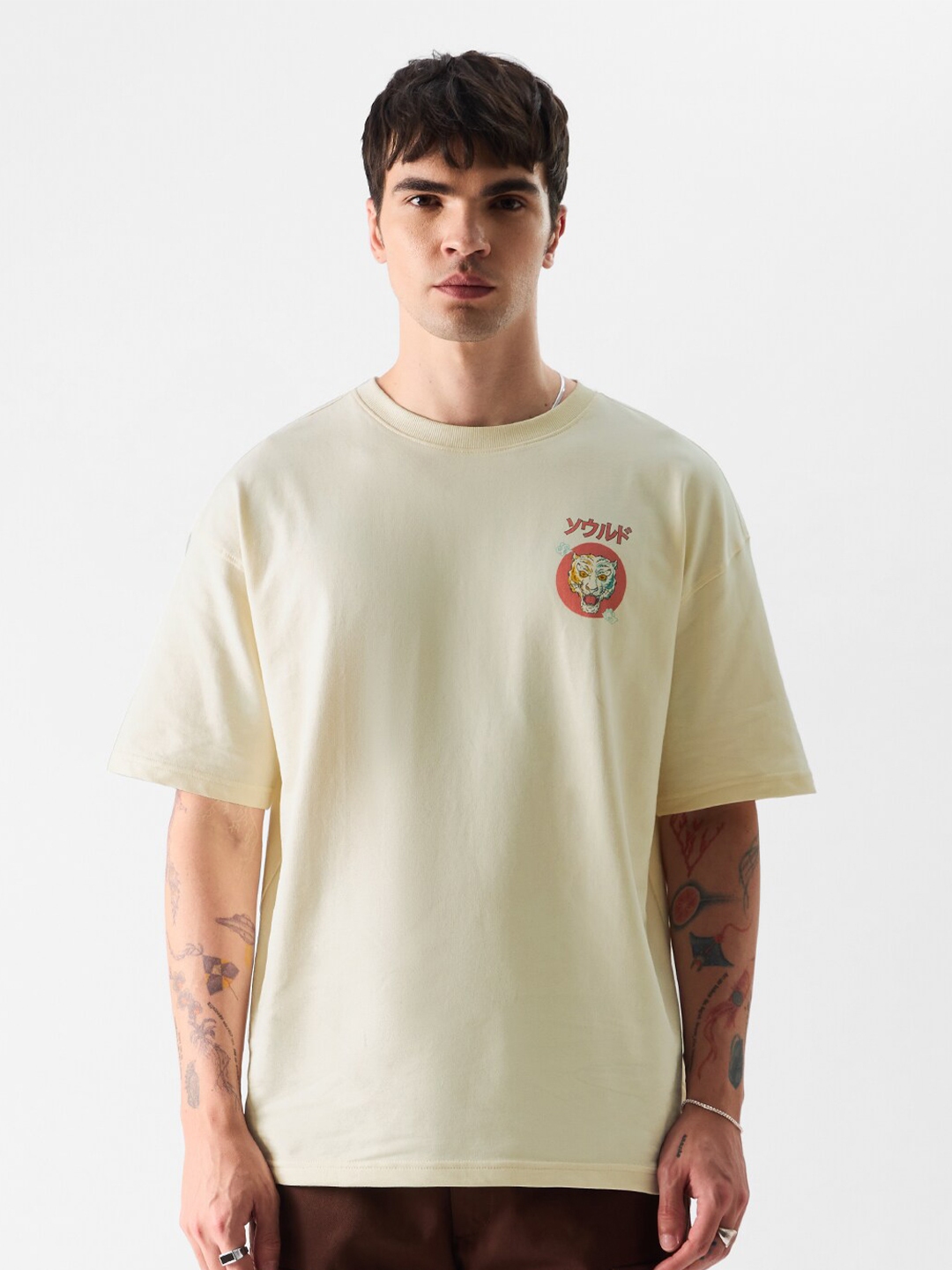 boohooMAN Oversized Extended Neck Car Graphic T-Shirt - Beige - Size M