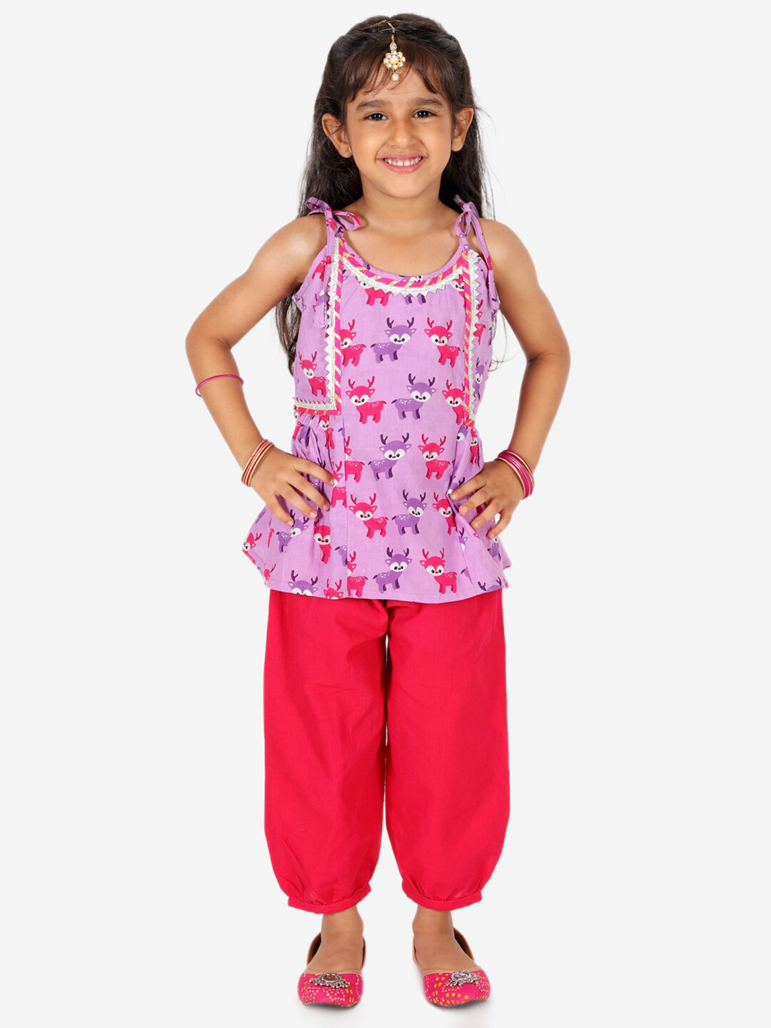 BownBee Girls Deer Printed Pure Cotton Top With Harem Pants