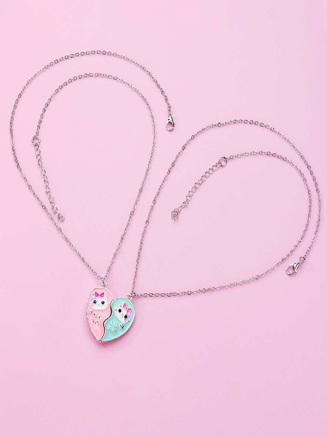 EL REGALO Set Of 2 Cat Heart Design Pendant With Chain