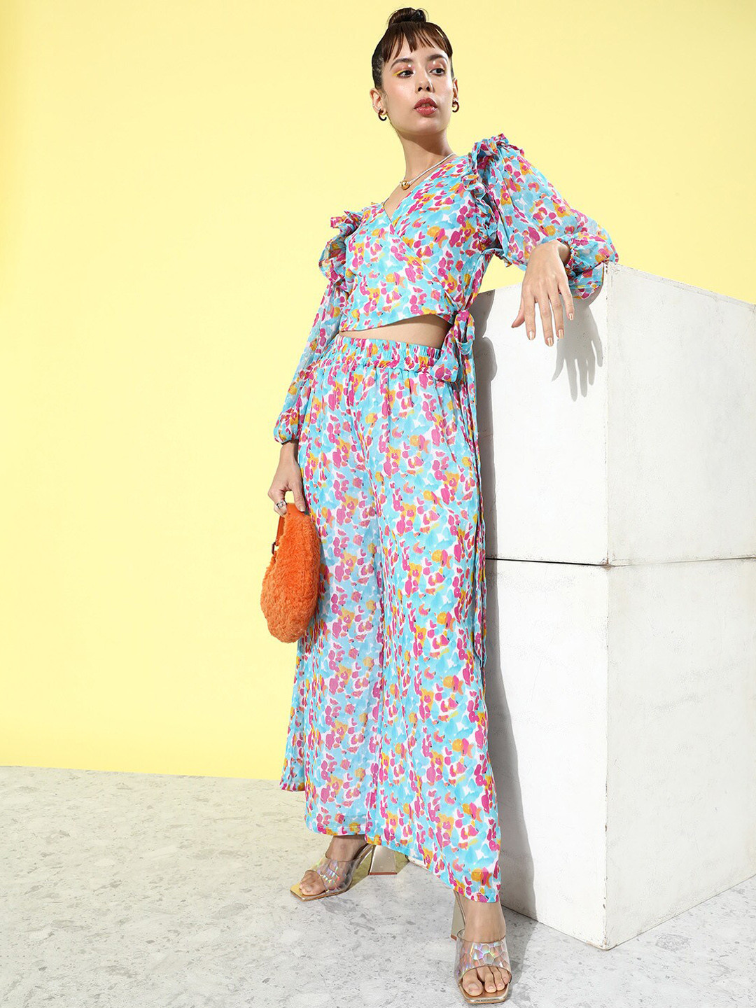 ANVI Be Yourself Blue And Pink Floral Printed Straight Fit Palazzo