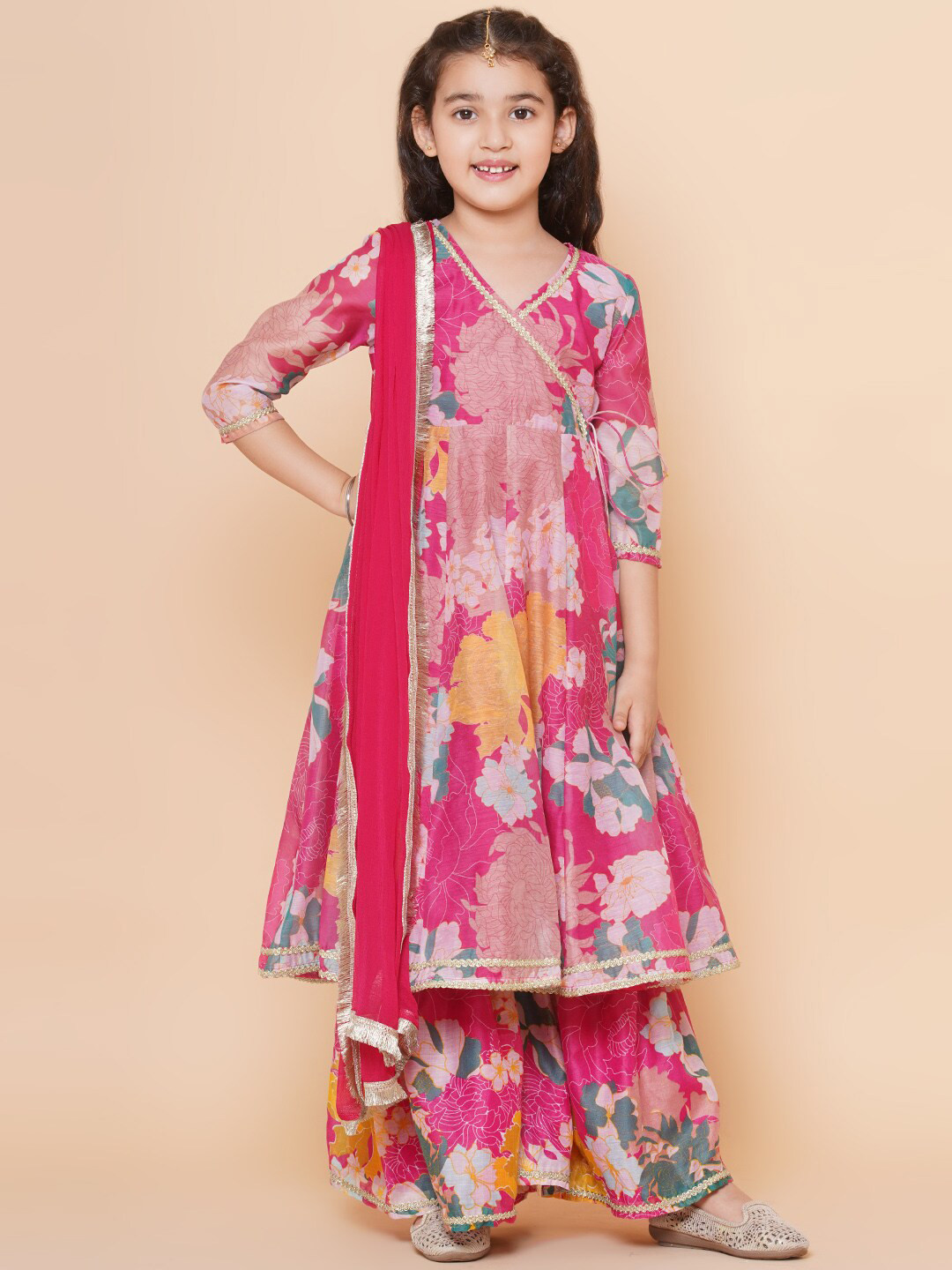 Bitiya by Bhama Girls Pink Floral Printed Angrakha Gotta Patti Kurta w