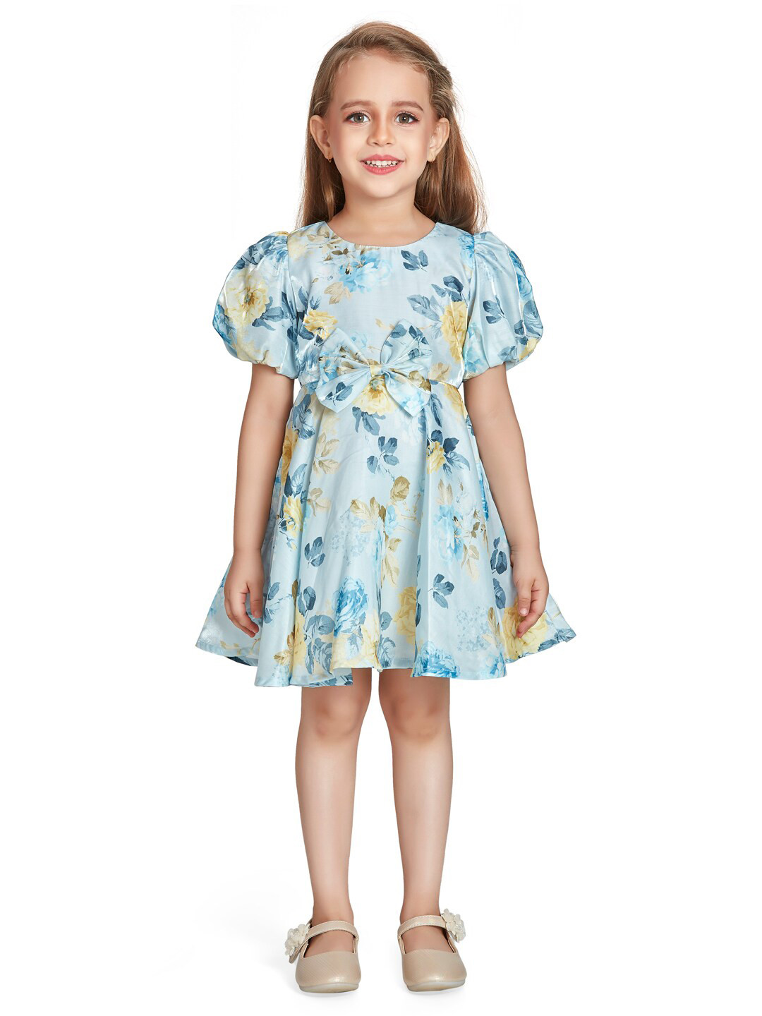 Peppermint Girls Floral Printed Puff Sleeves Gathered A-Line Dress