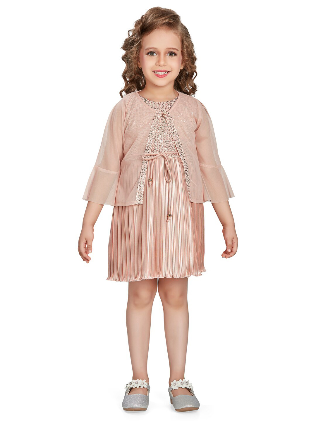 Peppermint Girls Embellished Sequined Accordion Pleated A-Line Dress With Jacket