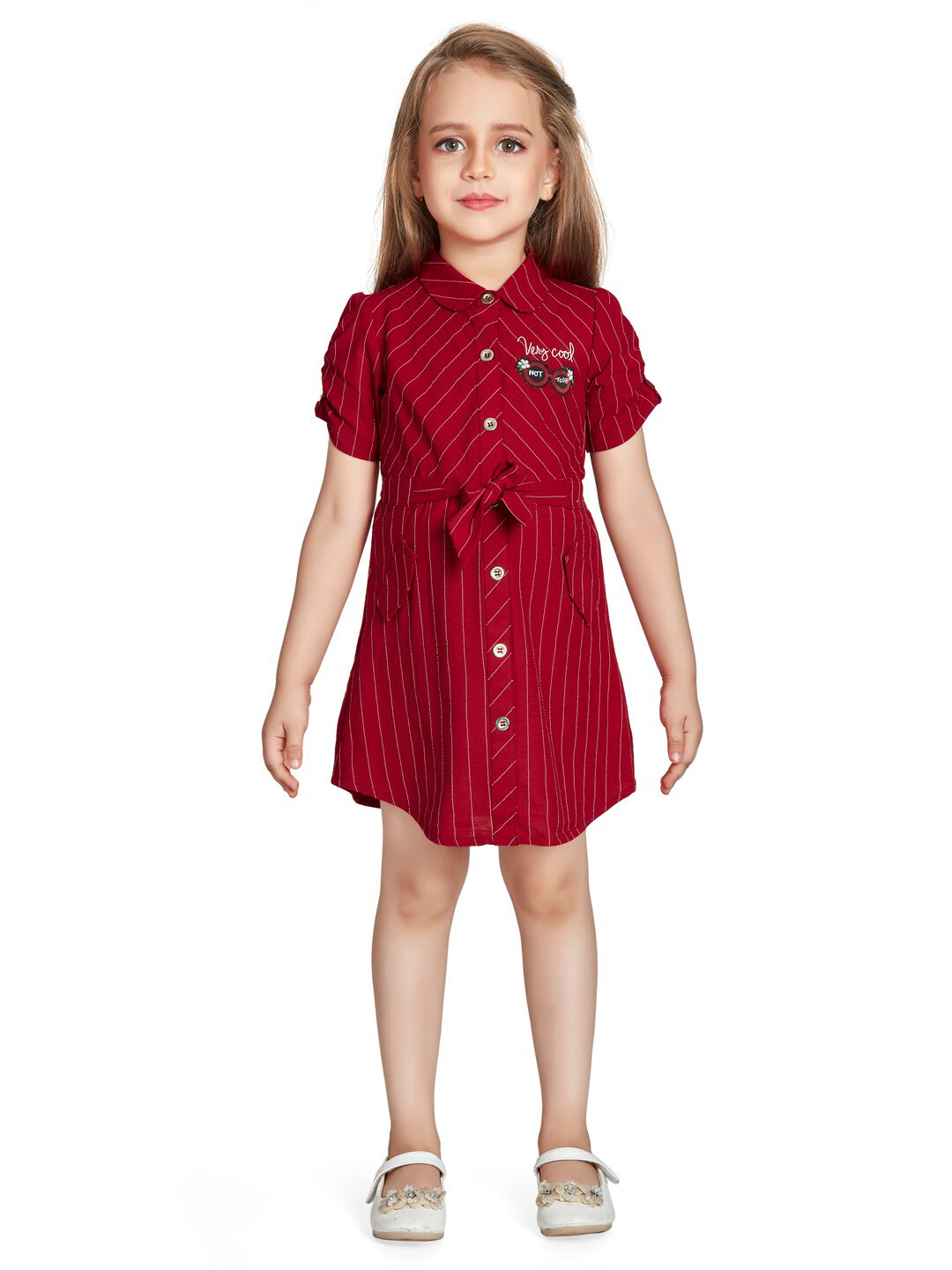 Peppermint Girls Striped Peter Pan Collar Roll-Up Sleeves Belted Cotton A-Line Dress