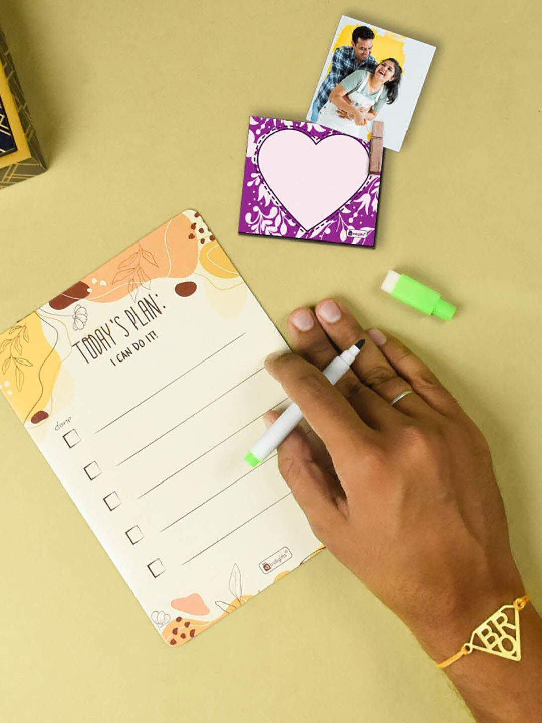 Indigifts Set Of 2 Bro Charm Rakhi With To Do Planner & Photo Magnetic Clip Gift Set