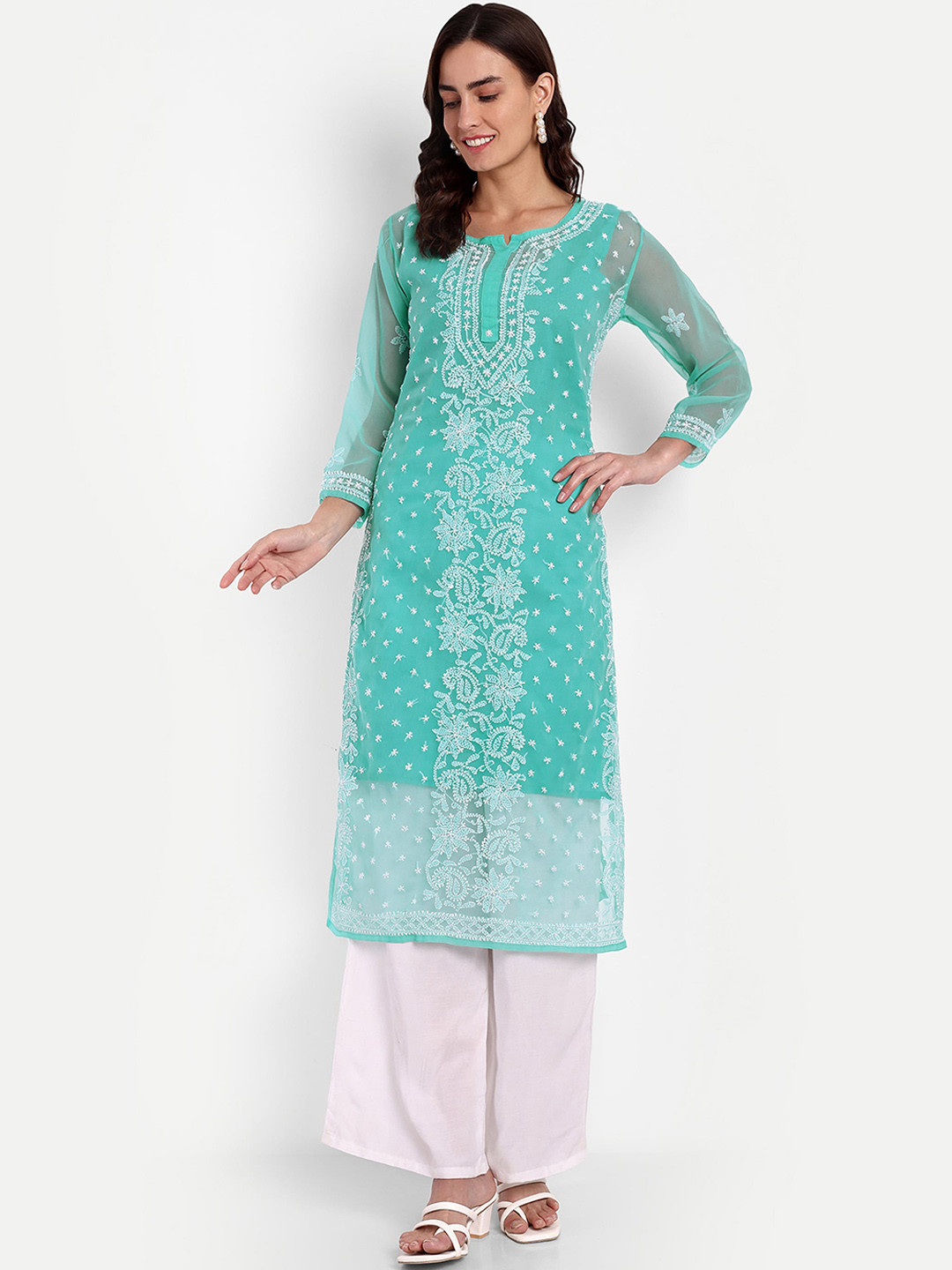 Indiankala4u Ethnic Motifs Embroidered Chikankari Summer Sheers Georgette Kurta